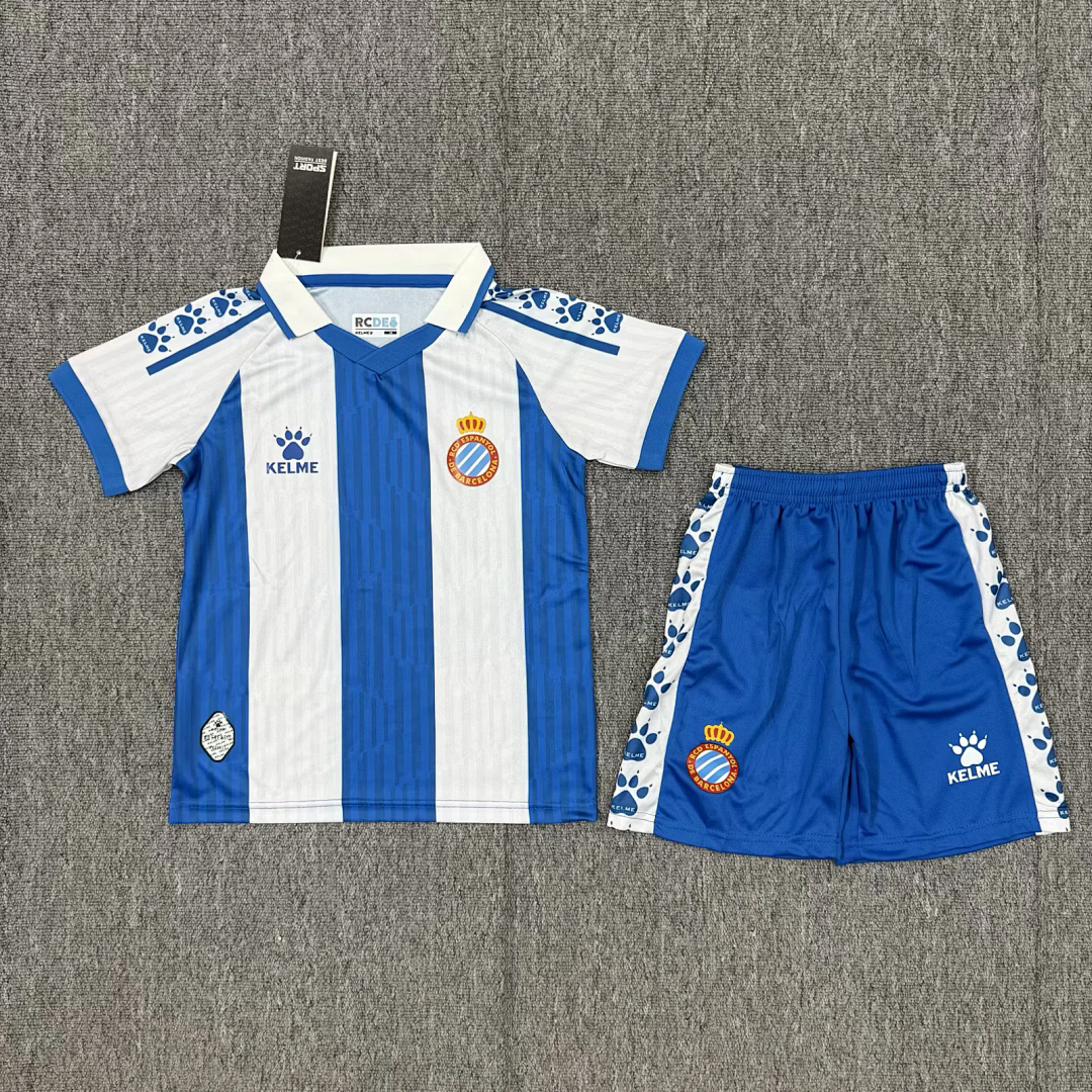 kids kit Espanyol 2025/26 Home soccer jersey size 16-28